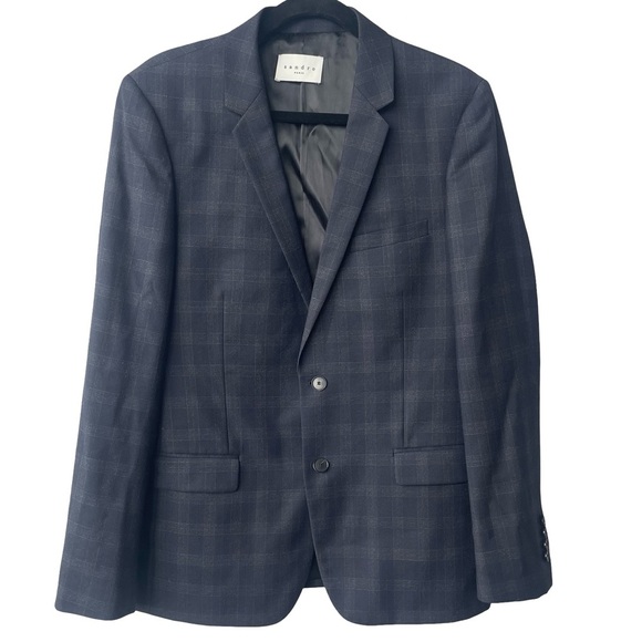 Sandro Paris Men’s Navy Plaid Wool Suit EU 52 / US 42 | 2-Piece Blazer & Pants - Picture 3 of 16